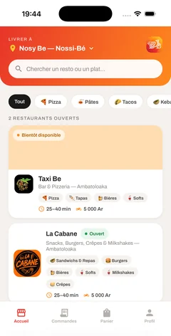 Écran d'accueil de l'app Taxi Food : la liste des restaurants de Nosy Be