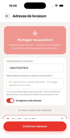Écran d'adresse Taxi Food avec localisation automatique